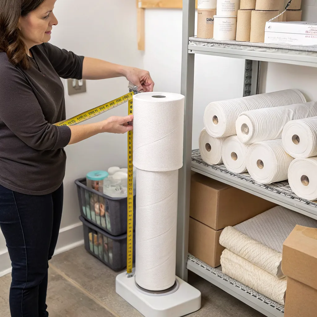 Person measuring height of stacked paper towel rolls with a tape measure in a storage space.