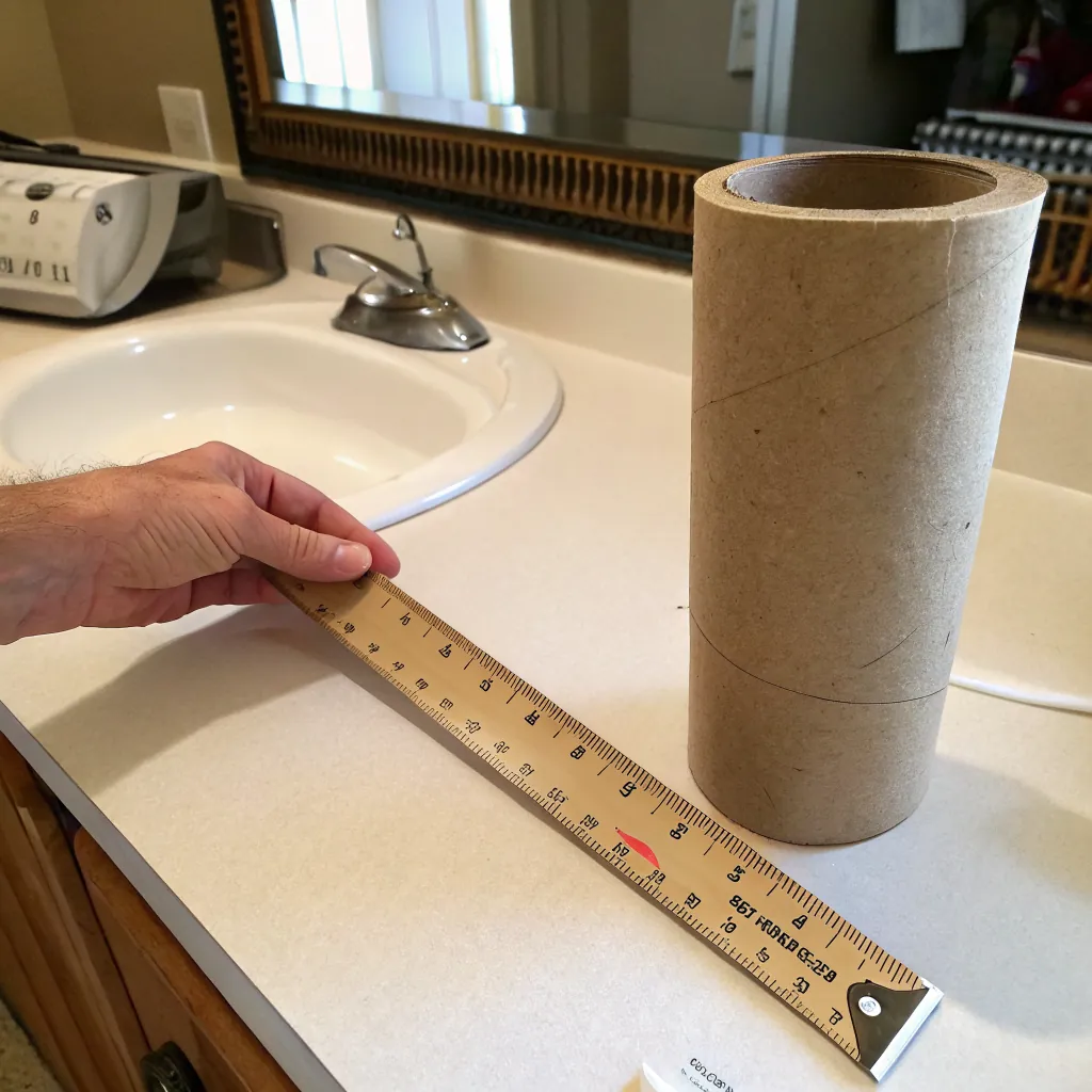 A hand holding a wooden ruler measuring a cardboard tube on a bathroom counter next to a sink and mirror.