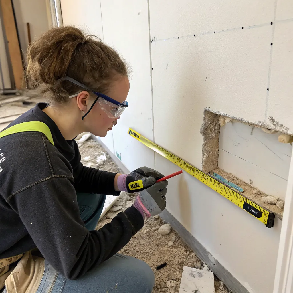 A person measuring a wall section with a tape measure and pencil, focused on a repair area.