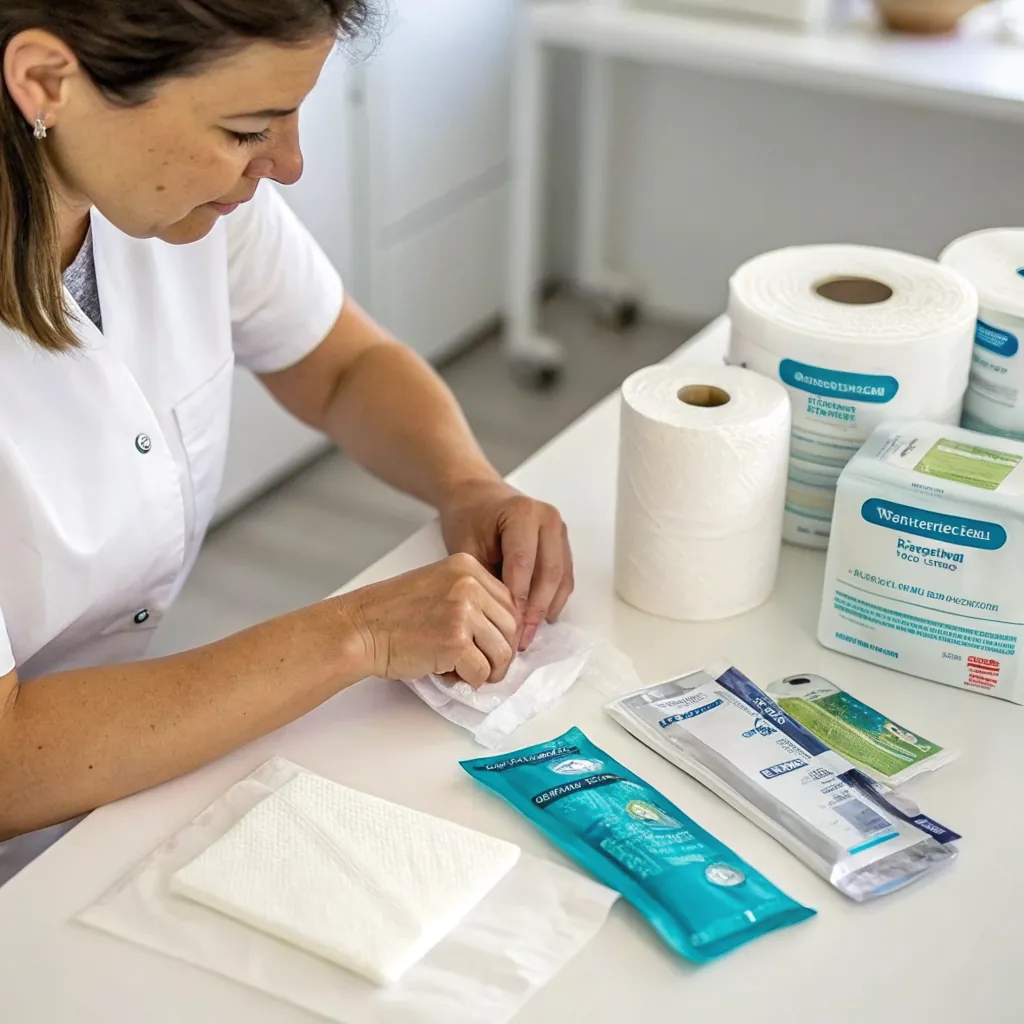 A person arranging medical supplies including gauze, wipes, and rolls of paper towels on a table.