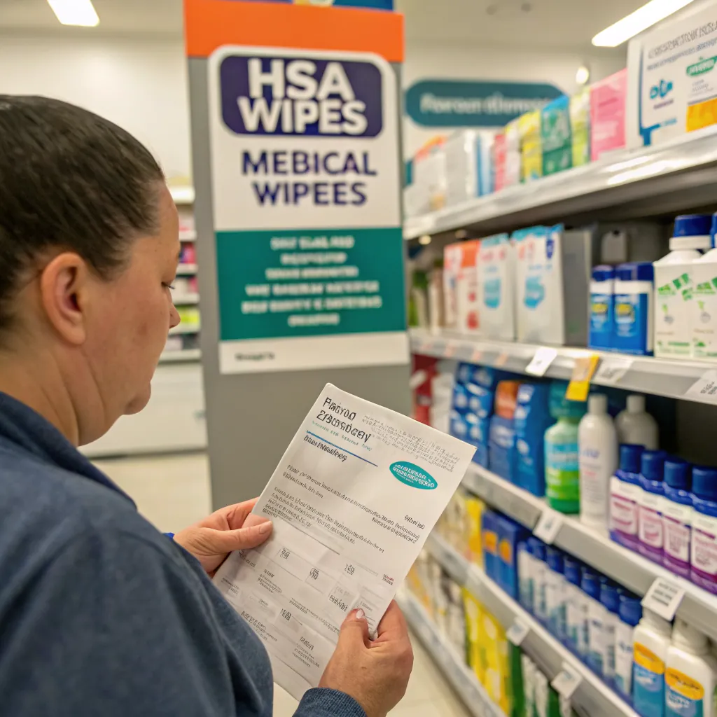 Individual examining a shopping list while standing in a store aisle with medical wipes and products