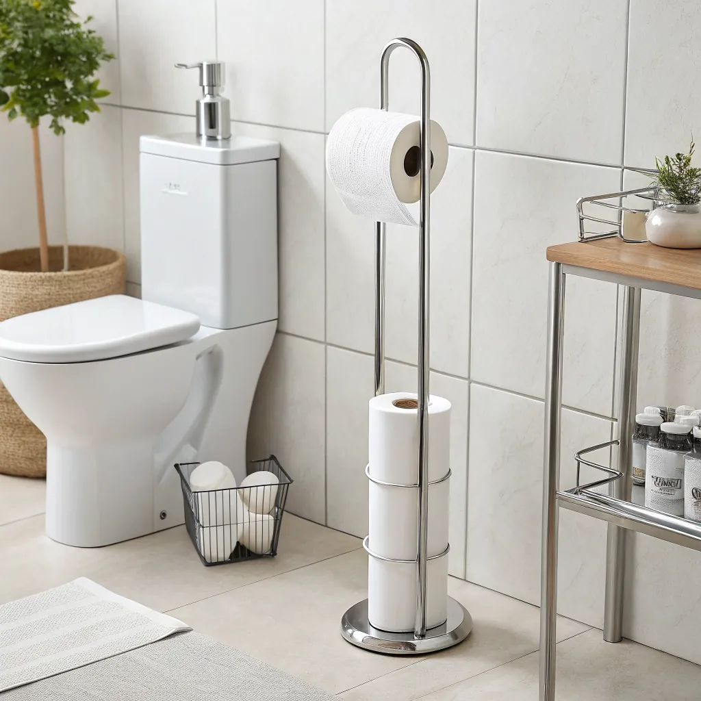 Modern bathroom featuring a sleek toilet, metal toilet roll holder with paper rolls, basket with spare rolls, and decorative elements.