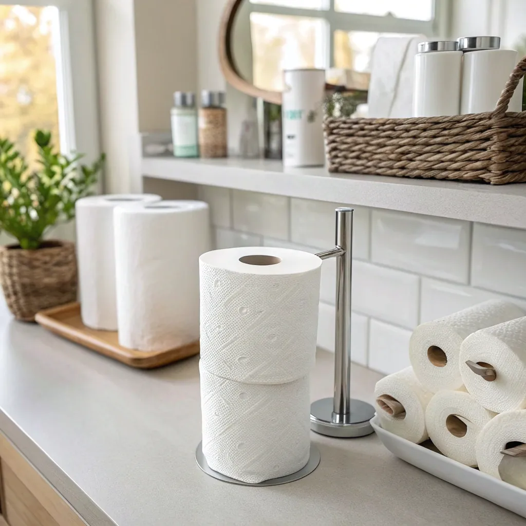 A sleek bathroom countertop displaying a metal paper towel holder with two rolls, rolls in a tray, plants, and bottled products.