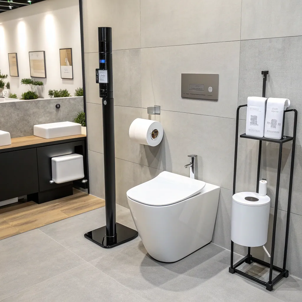 Modern bathroom showcasing sleek toilet, black column, and accessories including toilet paper and a sanitizer bottle holder on a rack.