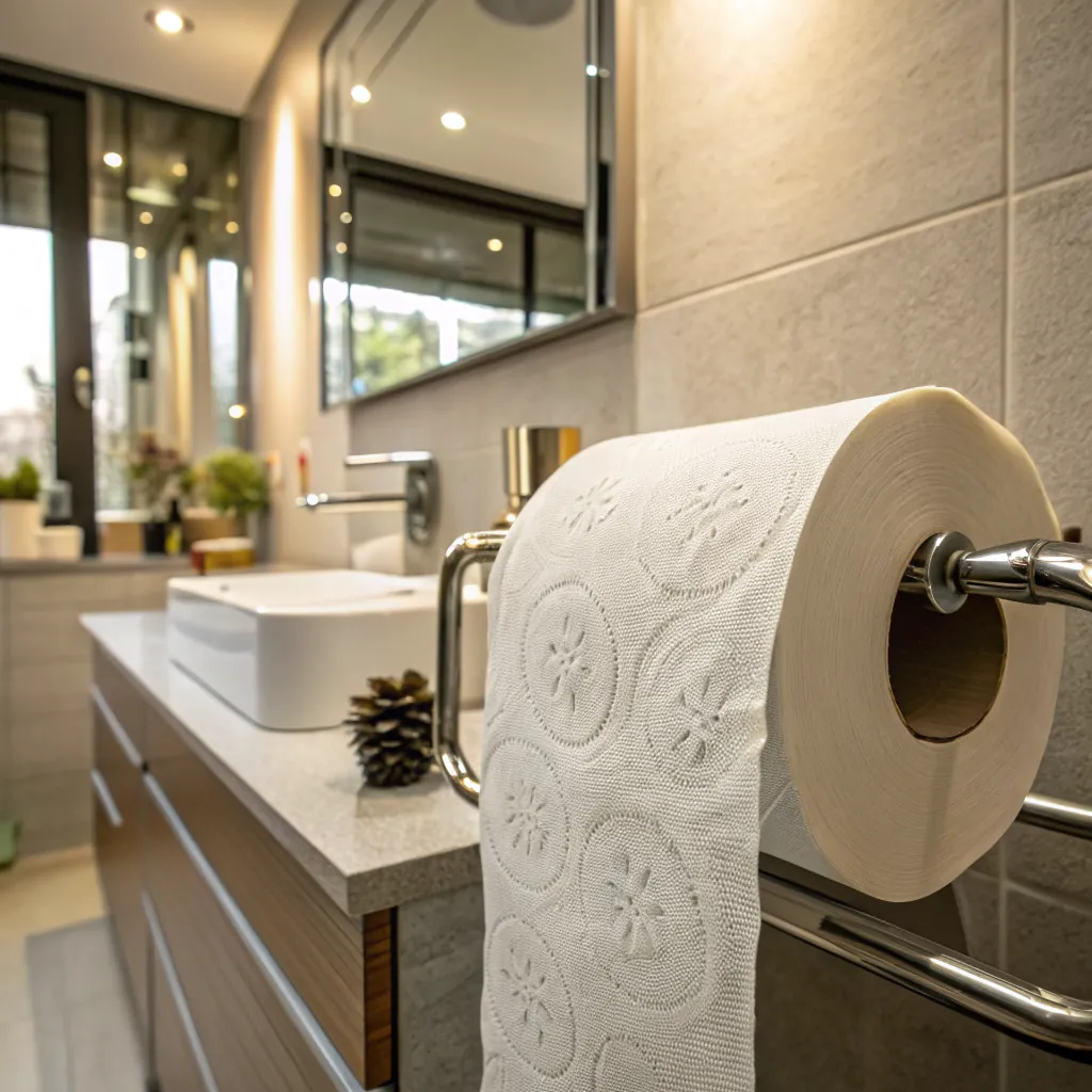 Bathroom with modern design featuring a roll of patterned toilet paper on a holder, stylish fixtures, and decorative elements.