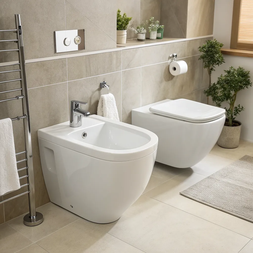 Modern bathroom featuring a slick bidet and toilet. Neutral tiles, towel rail, plants, and accessories create a tidy, functional space.