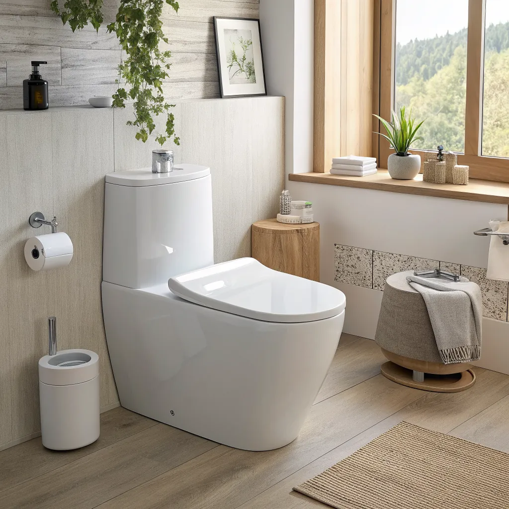 A modern bathroom with a sleek white toilet, natural wood accents, potted plants, and a large window showing an outdoor view.