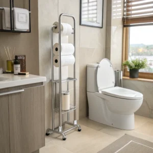 Modern bathroom featuring a toilet, a stainless steel toilet paper holder with multiple rolls, and natural light from a window.