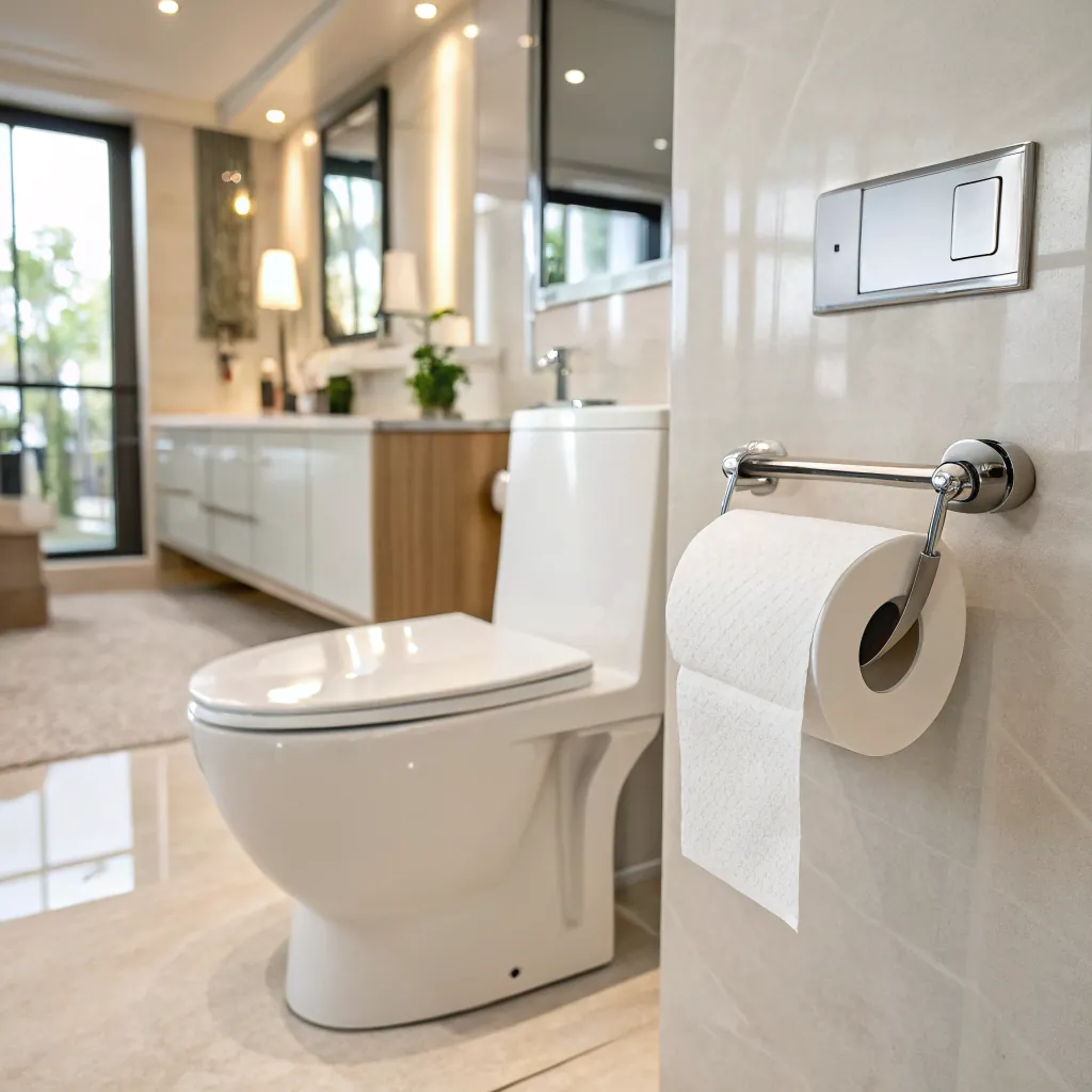 Modern bathroom featuring a sleek toilet, roll of toilet paper, and long vanity. Bright lighting and large windows add elegance.