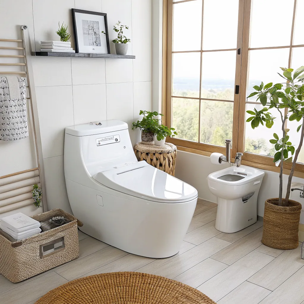 Contemporary bathroom featuring a smart toilet and bidet, large window, plants, and shelf with decor items on a light wood floor.