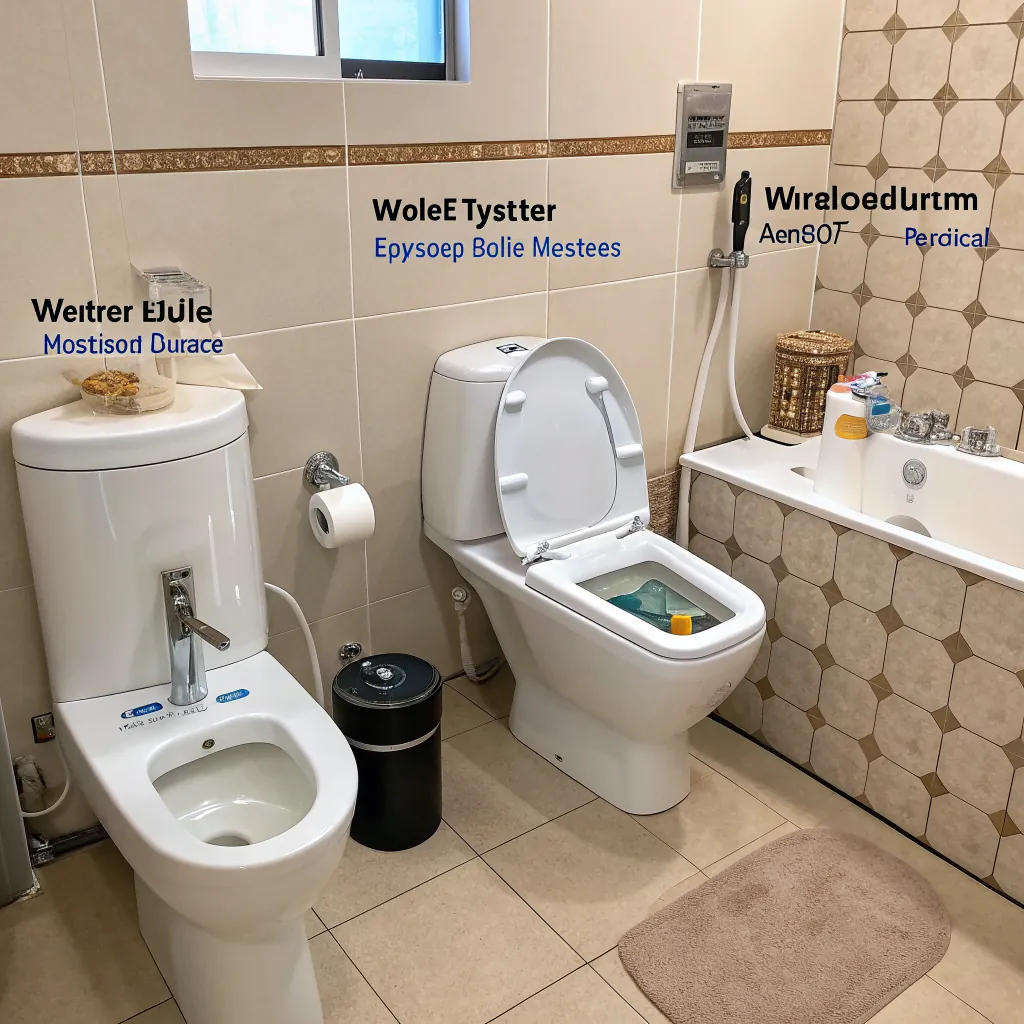 Modern bathroom featuring two toilets and a bathtub, each labeled with nonsensical text. Includes a window, toilet paper, and floor mat.