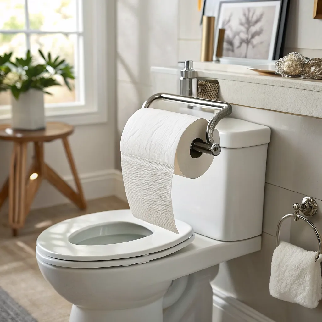 Stylish bathroom featuring a white toilet with toilet paper, decorative shelf items, and a towel rack in a sunlit room.