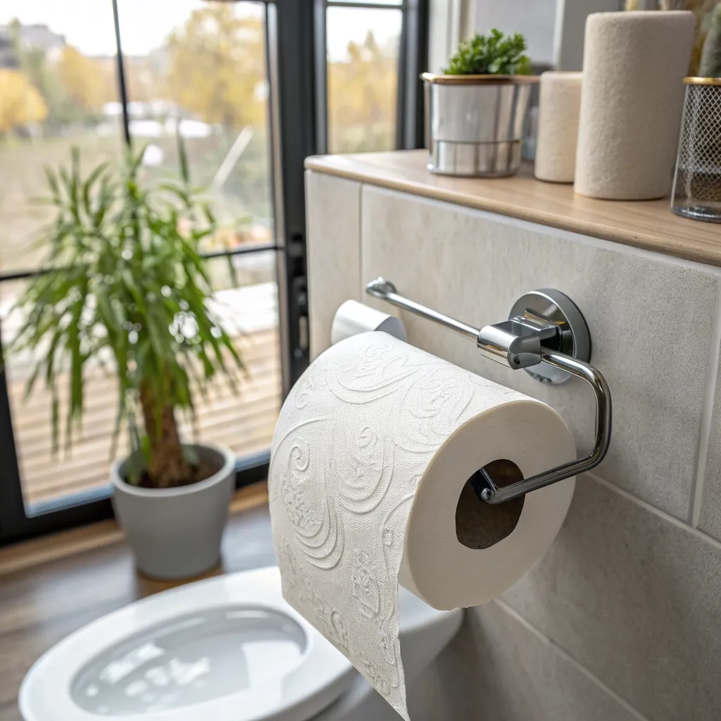 Toilet paper roll on a chrome holder in a modern bathroom with plant and decorative items on a shelf, near a window.