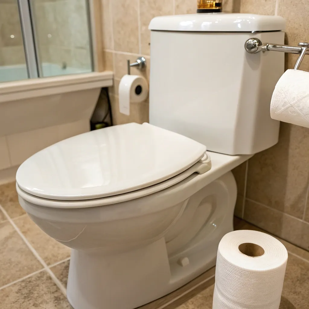 White toilet in a modern bathroom with tiled walls and floor. Toilet paper rolls are placed on a holder and the floor nearby.