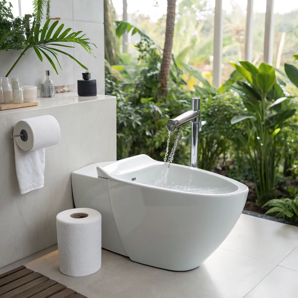 A sleek white bidet with flowing water, surrounded by greenery and natural light