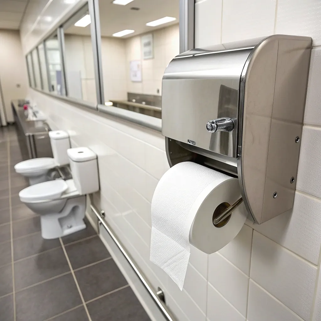 Public bathroom with stainless steel toilet paper dispenser, mirrored wall, and tiled floor. Toilets and sinks are visible.