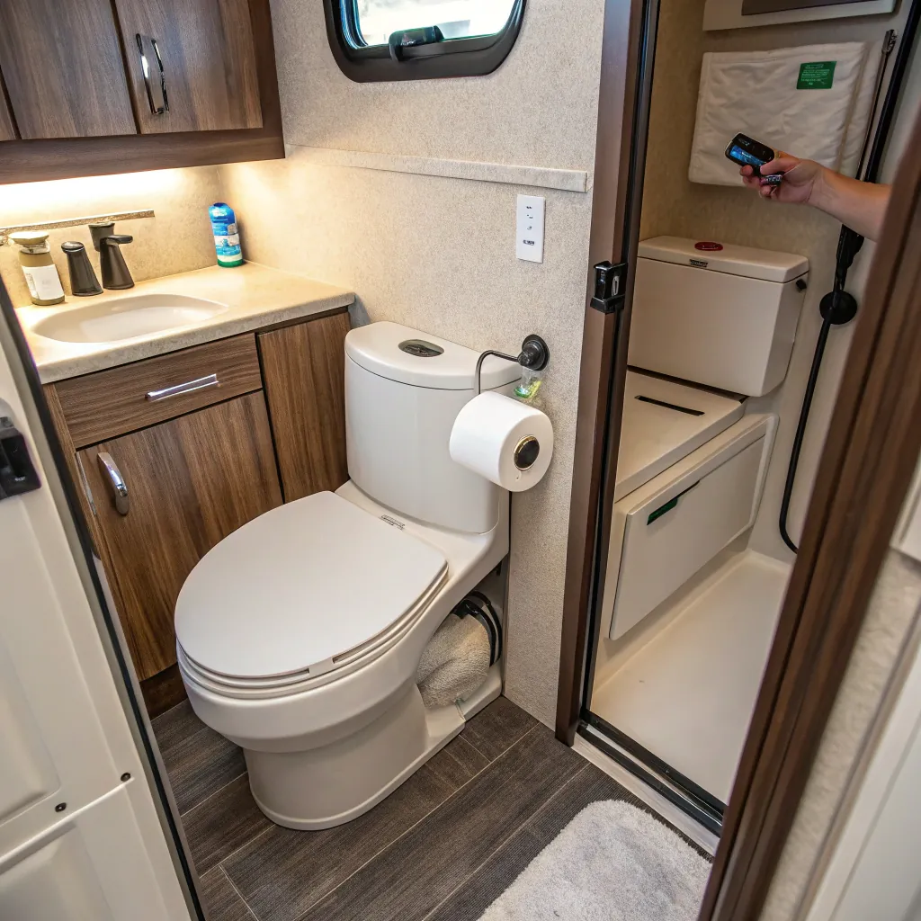 An RV bathroom featuring a compact toilet with a roll of toilet paper, wooden cabinetry, sink, and a shower with a door, showcasing efficient space use.