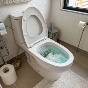 A clean, modern toilet with an open lid, water swirls inside, next to a roll of toilet paper, in a tiled bathroom.