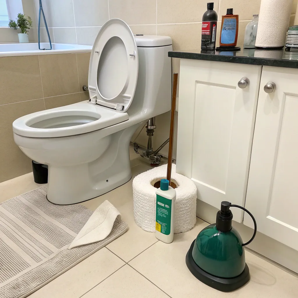 A clean bathroom with an open toilet, plunger, cleaning supplies, and a bath mat by the tub.