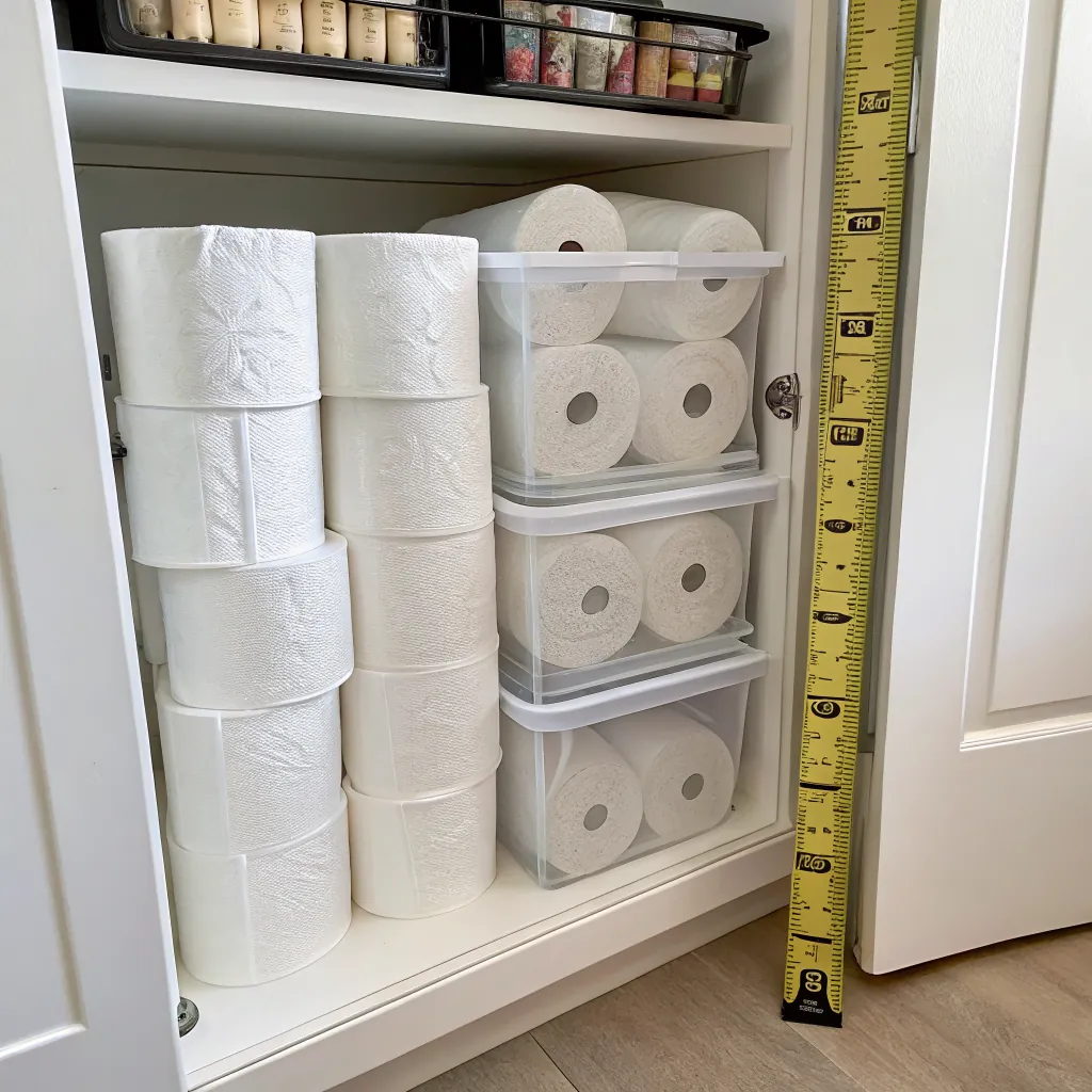 A cabinet shelf displaying neatly stacked paper towels and containers, with a measuring tape visible for scale.