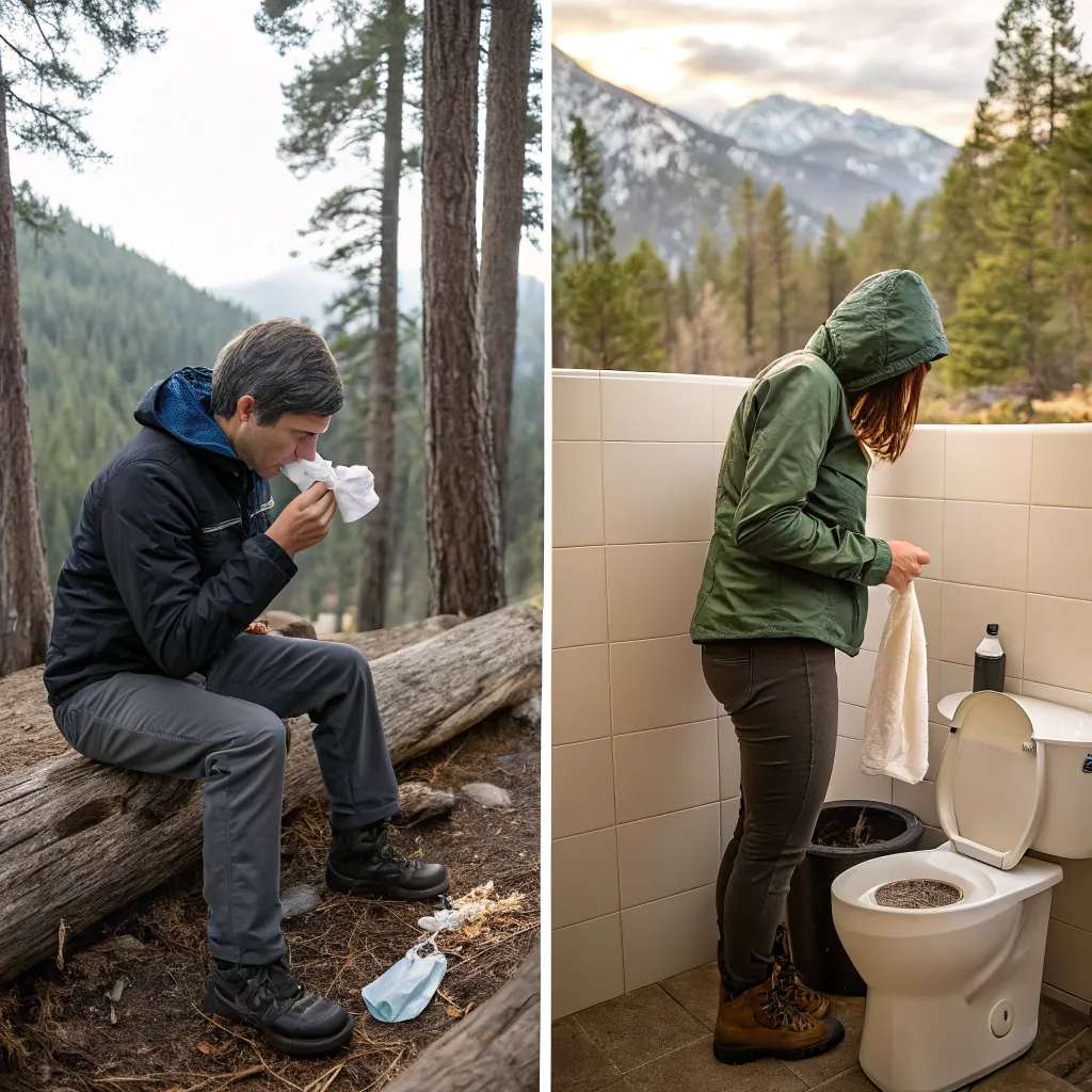 A person sitting on a log in the woods, using a tissue; another person in a green jacket cleaning a toilet in a restroom with a mountain view.