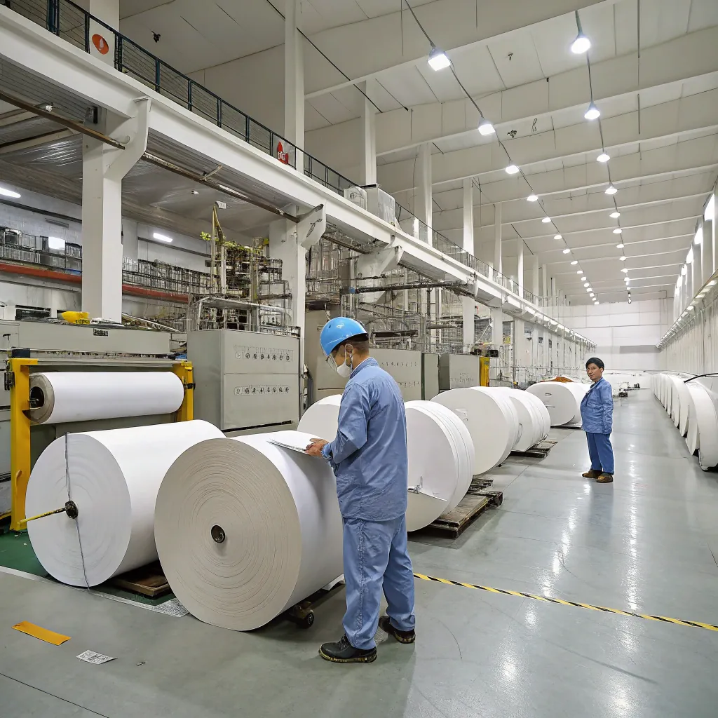 Two workers in blue uniforms and helmets inspect large rolls of paper in a spacious, well-lit production facility.