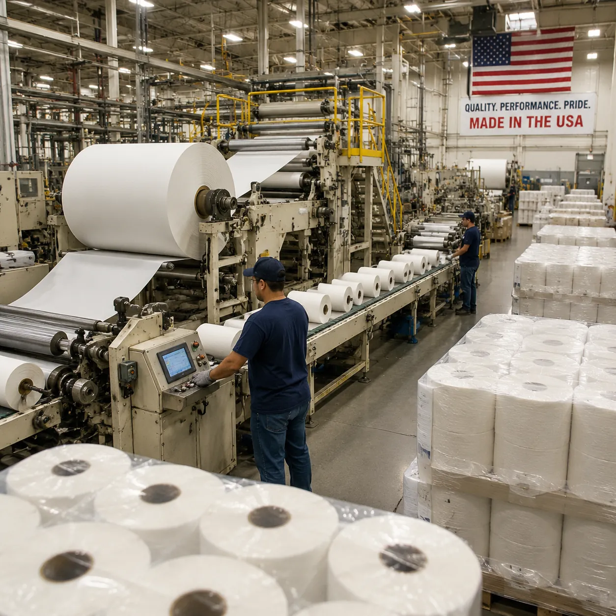 Workers operating machinery in a paper manufacturing facility, producing rolls of paper towels.