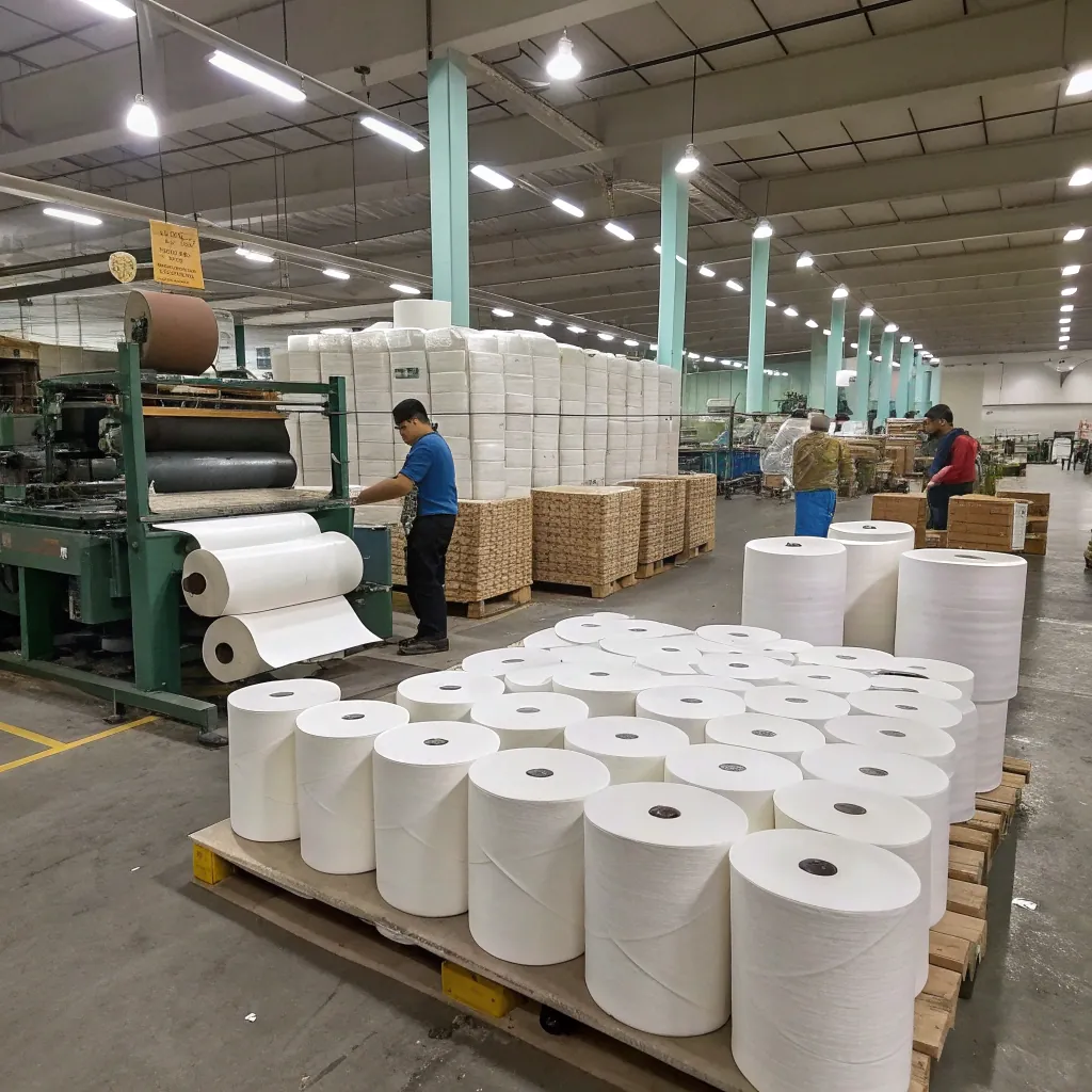 Workers operating machinery in a paper manufacturing factory, with large paper rolls on pallets and overhead lights illuminating the workspace.