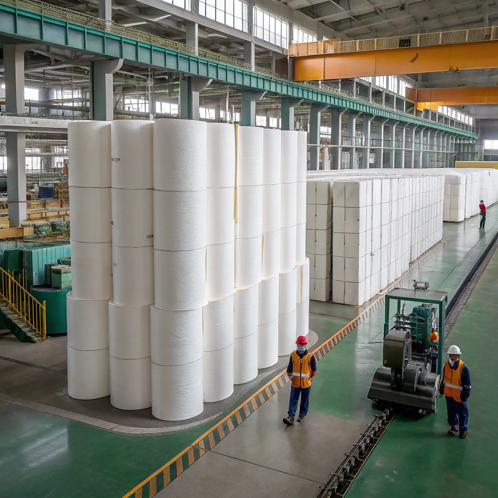 Large rolls of paper stacked in a warehouse, with workers and machinery visible on the factory floor, highlighting industrial operations.