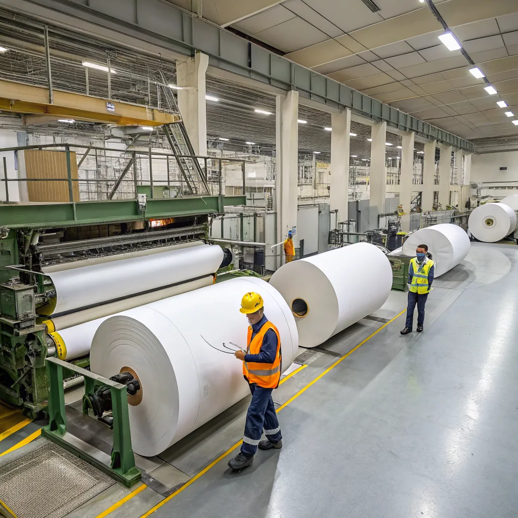 Workers in safety gear inspect large paper rolls in an industrial paper mill with machinery and high ceilings.