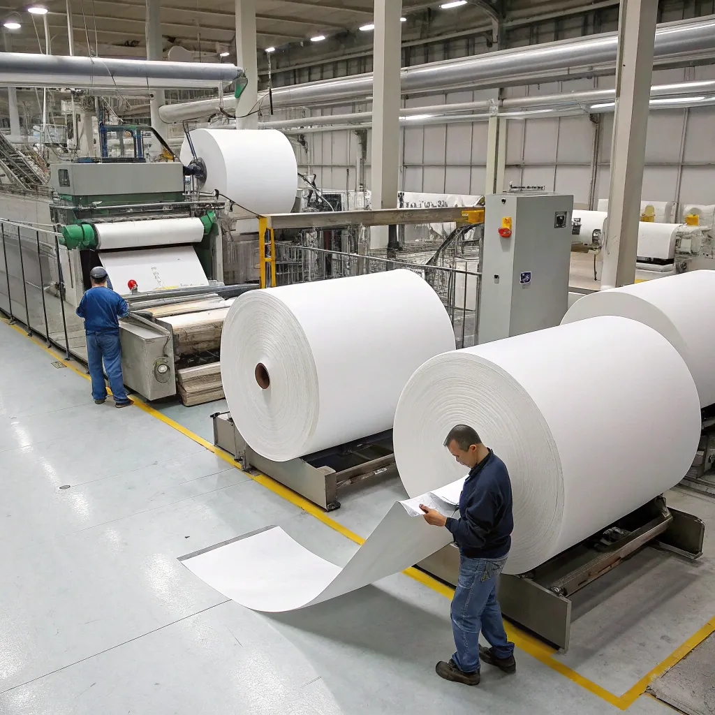 Factory workers in blue uniforms operate large paper rolls and machinery in a spacious paper production facility.
