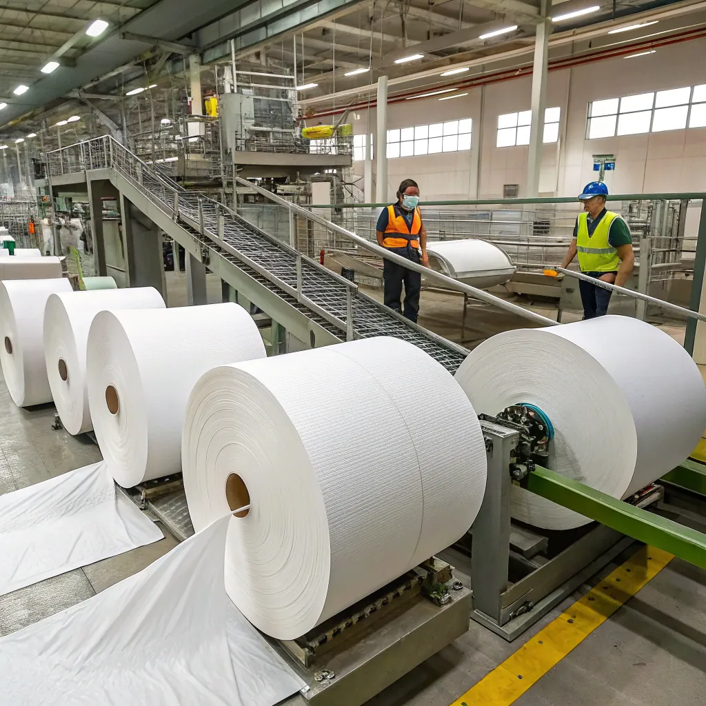 Large rolls of paper in production line at a factory with two workers wearing safety gear and masks inspecting the machinery.
