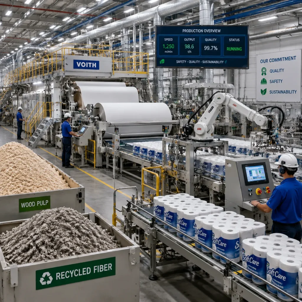 A busy paper production facility with machinery, workers, and raw materials like wood pulp and recycled fiber.
