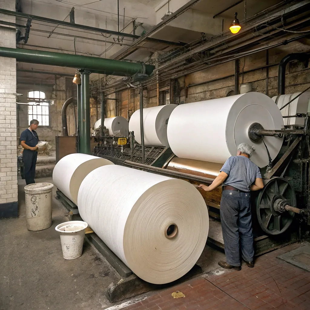 Two workers managing large industrial paper machines in a factory setting, with large rolls of paper in the foreground.