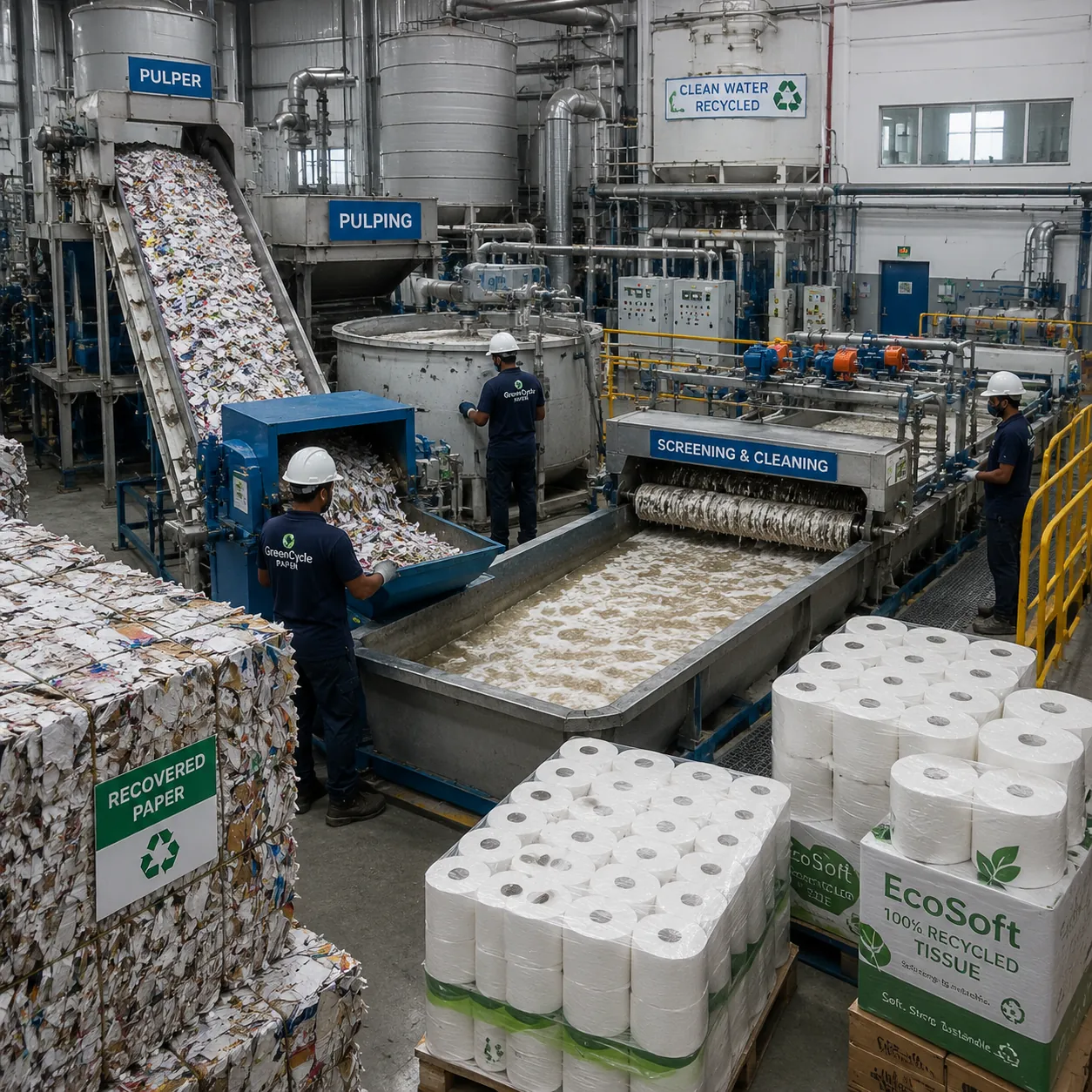 Workers operating machinery in a paper recycling facility, processing recovered paper into pulp.