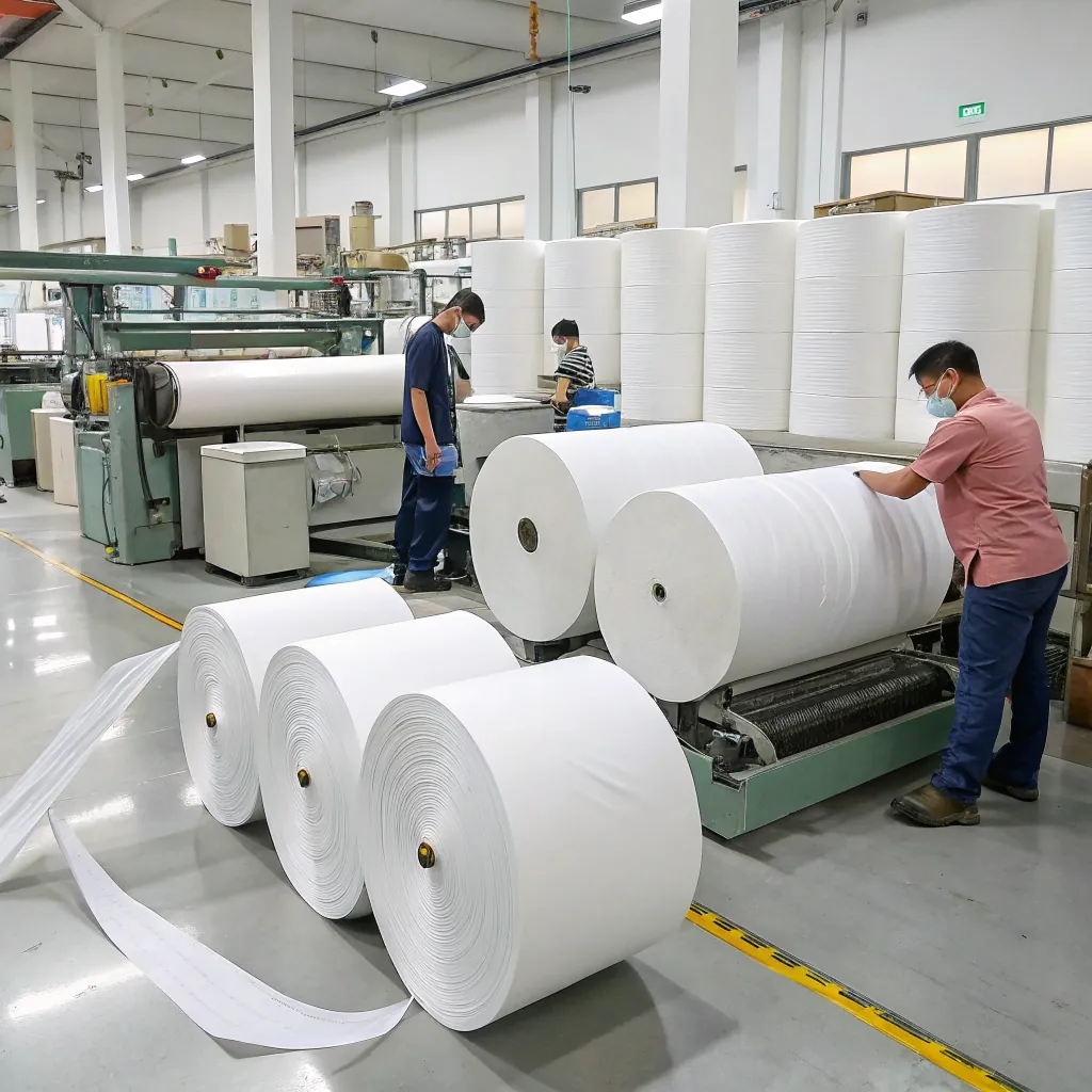 Two workers operate machinery in a paper factory, surrounded by large rolls of white paper.