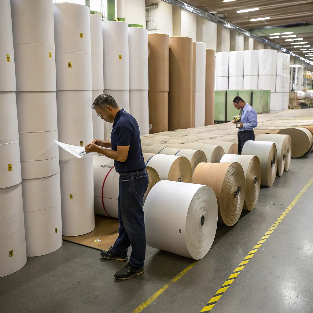 Two workers examining large rolls of paper in a warehouse setting, with stacks of paper in the background.