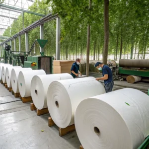 Two workers in masks examining large white paper rolls in a factory setting with green trees