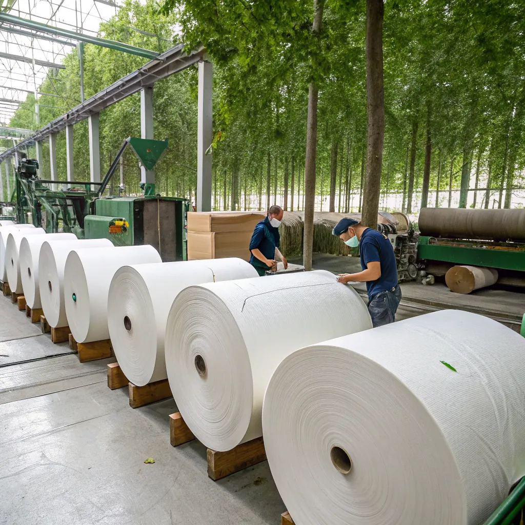 Two workers in masks examining large white paper rolls in a factory setting with green trees
