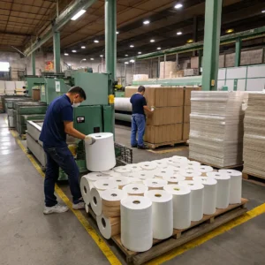 Two workers in a factory managing rolls of paper and cardboard boxes, with machinery in the background.