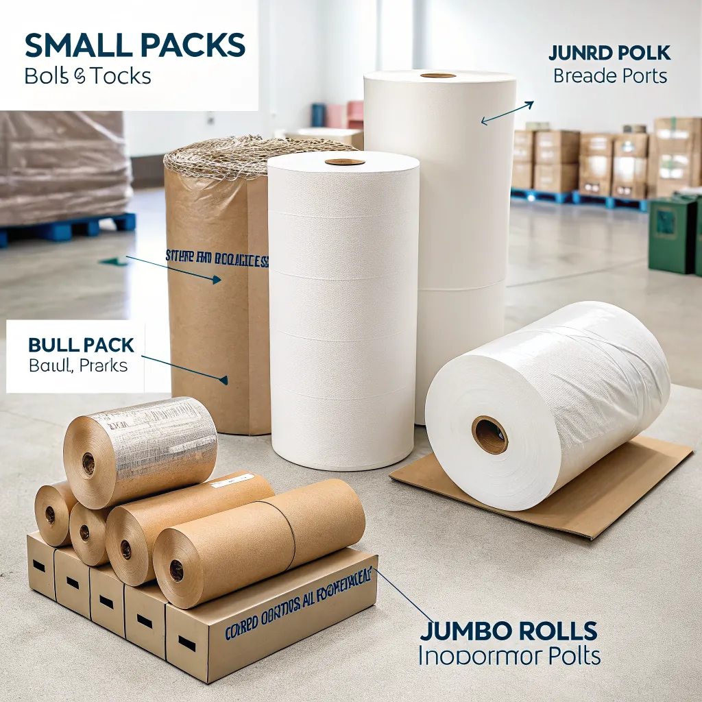 Display of different paper rolls and packaging types in a warehouse setting, including jumbo rolls and small packs.