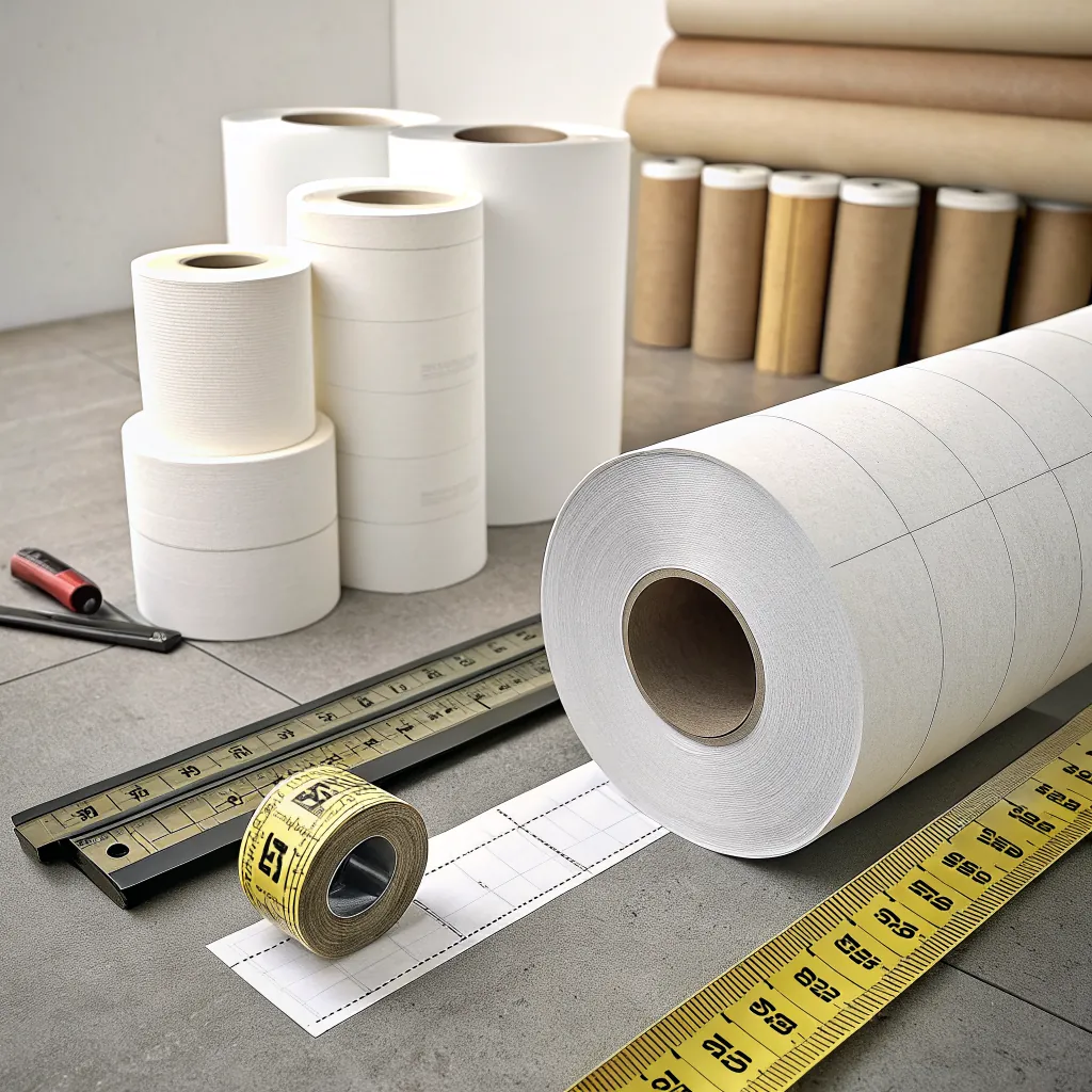 Various rolls of paper in different sizes with measuring tools nearby, arranged on a flat surface.