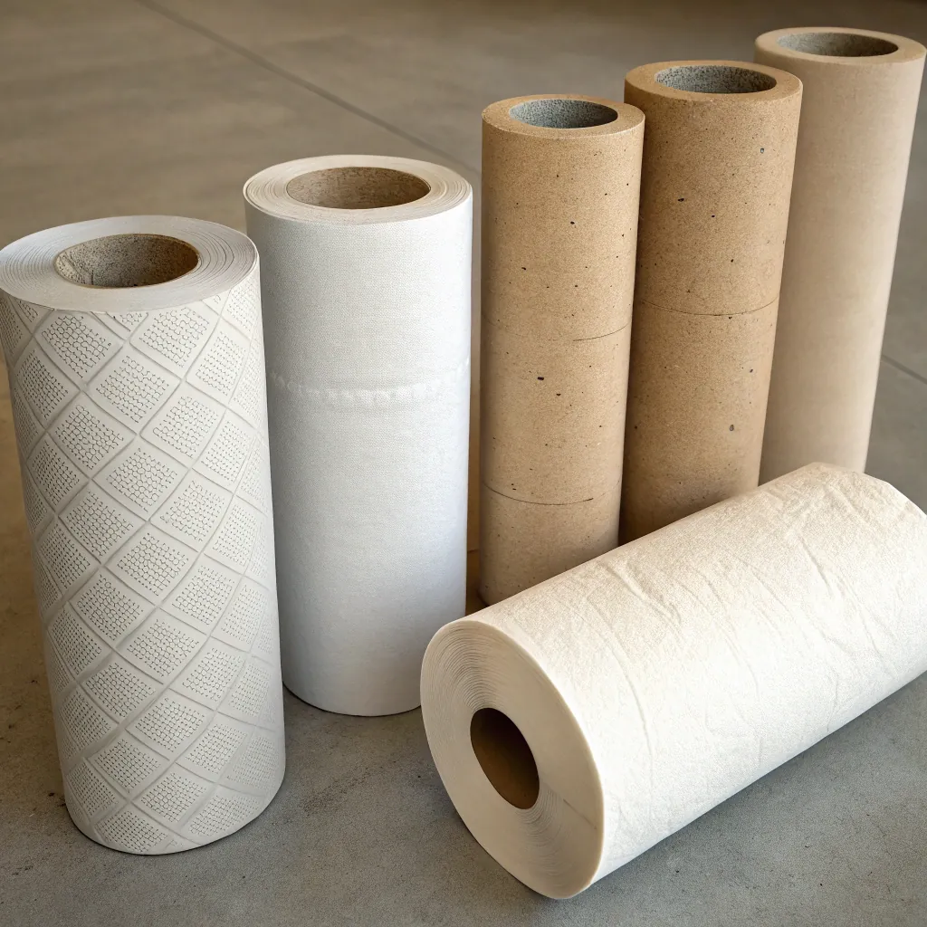 Three paper towel rolls and three empty cardboard cores on a concrete floor, displaying different textures and materials.
