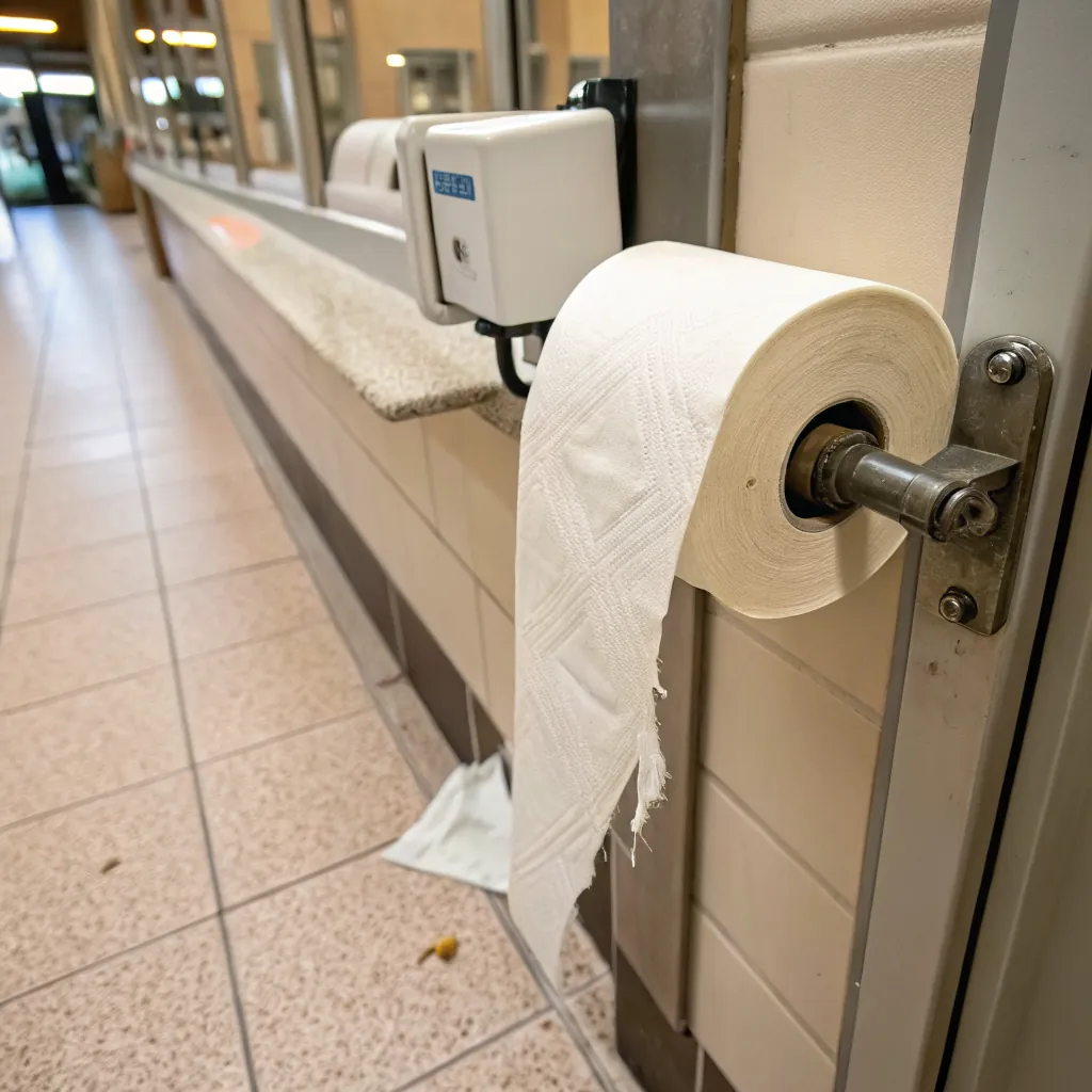 A paper towel dispenser mounted on a wall, with towels hanging down in a hallway.