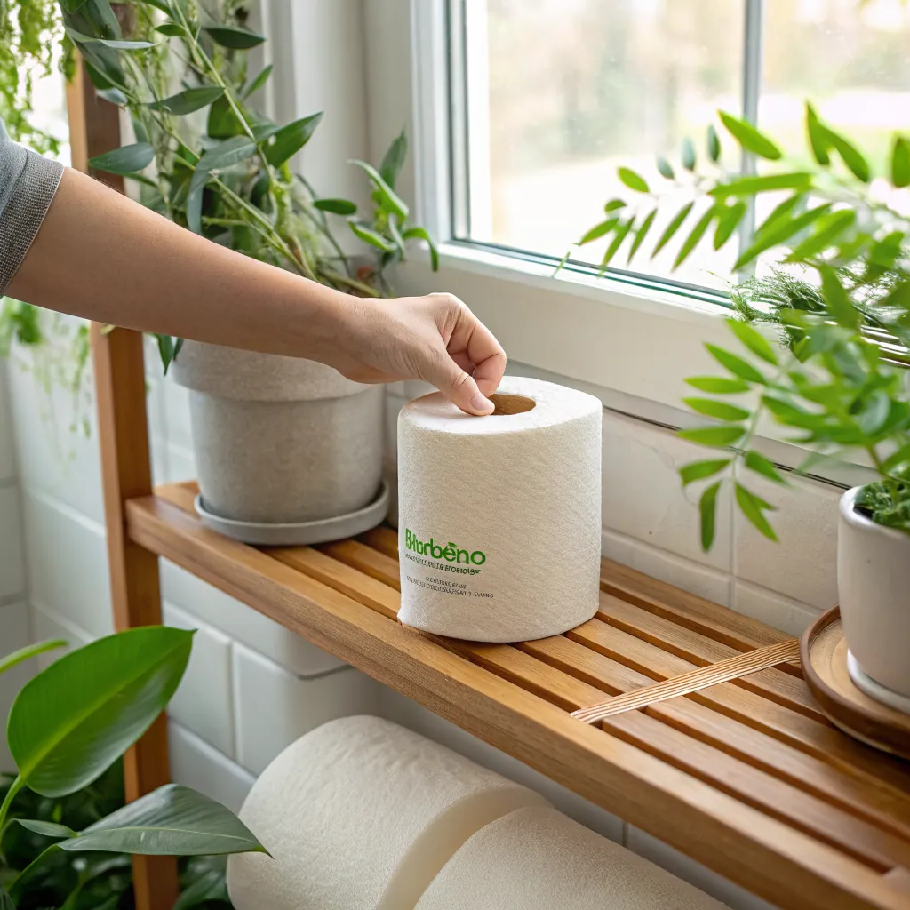 A hand is grabbing a paper towel roll from a wooden shelf with plants nearby.