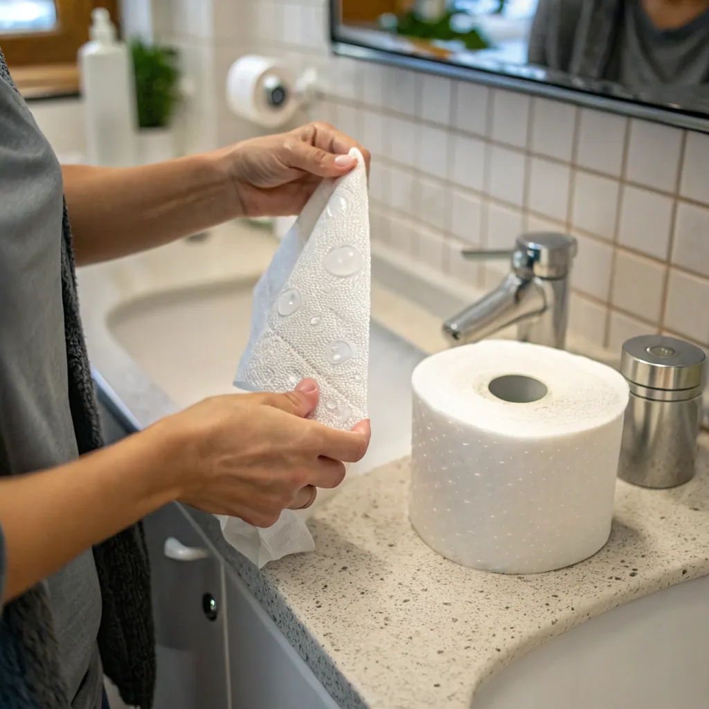 A person holds a paper towel near a kitchen sink, preparing to clean.