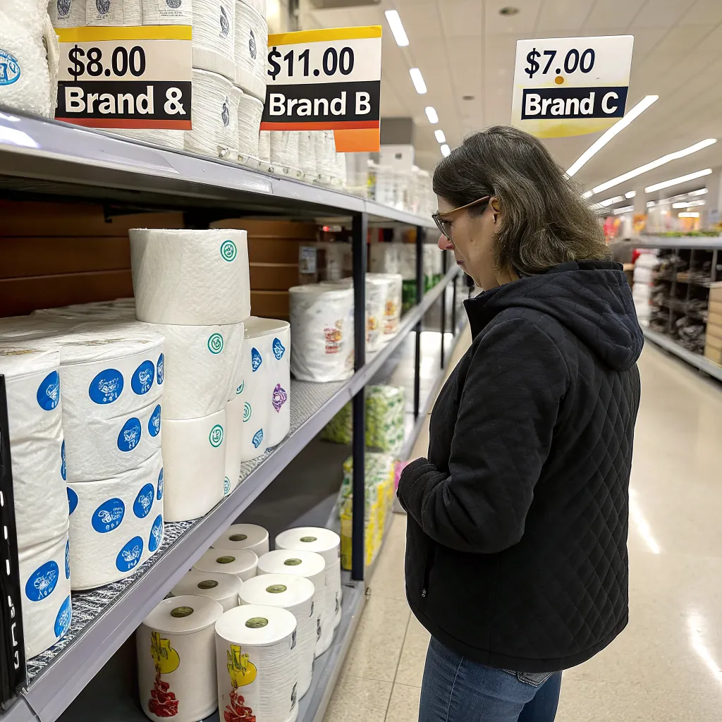 A shopper examines paper towel prices on shelves, with brands labeled and prices visible.