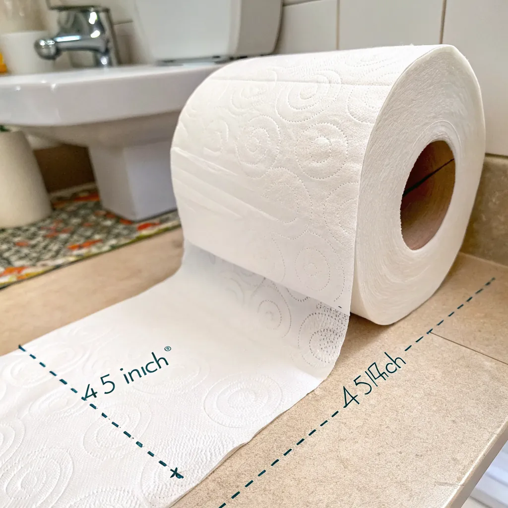 A roll of white paper towels partially unrolled on a countertop, measuring 45 inches in length, with a bathroom in the background.