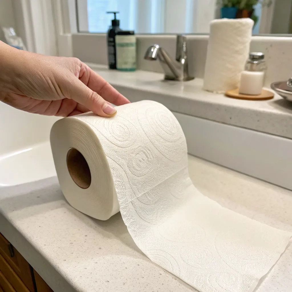 A hand holding a roll of white paper towels on a countertop, with a sink and other items in the background.
