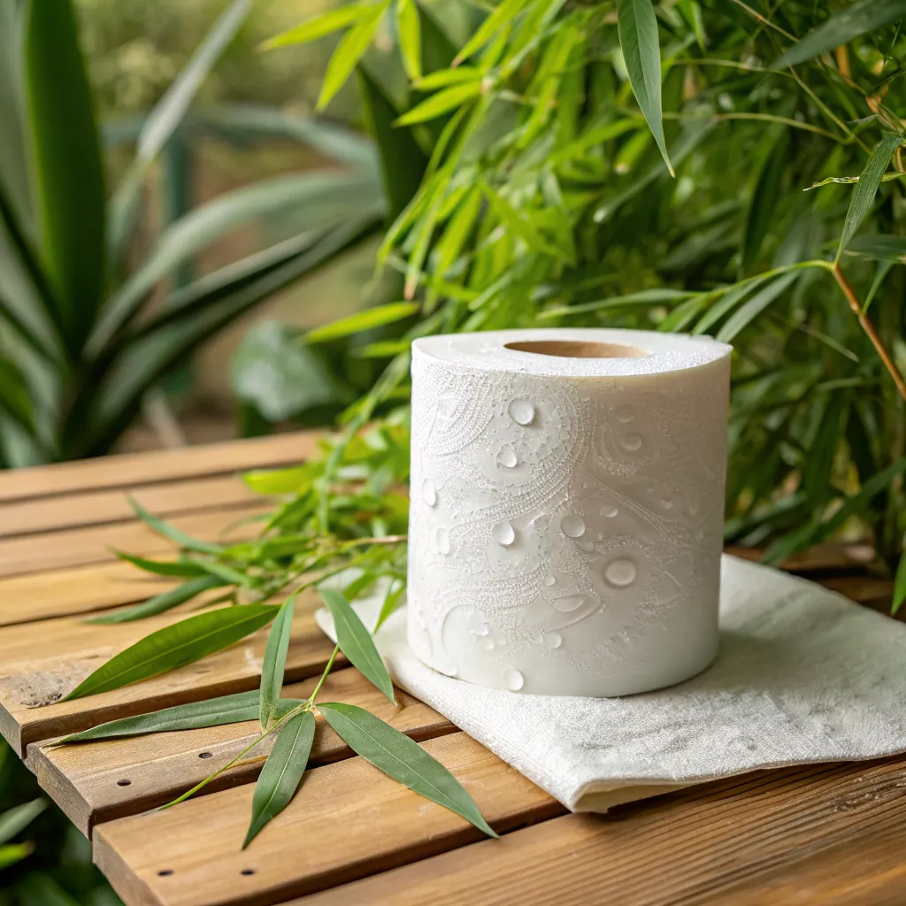 A white paper towel roll sits on a wooden table surrounded by green leaves and plants, creating a natural setting.